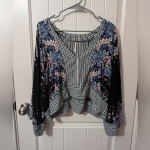 Free People Mix n Match Crop Bell Sleeve Top Women's Medium Blue/Floral